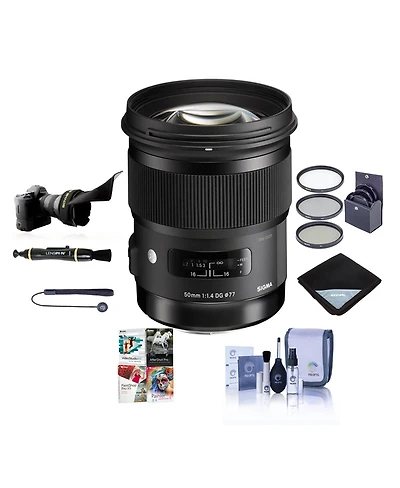 Sigma 50mm f/1.4 Dg Hsm Art Lens for Nikon F, Bundle with ProOptic 77mm Filter Kit, Flex Lens Shade, Lens Wrap, Cleaning Kit, Cap Tether, LensPen