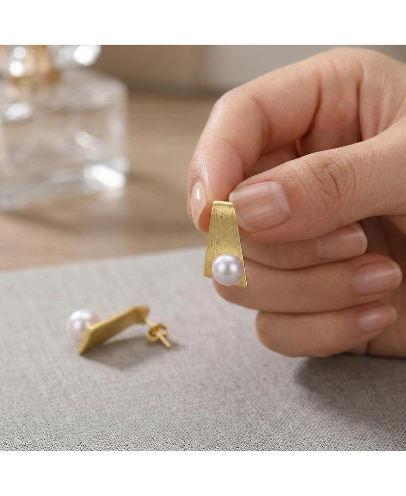 Sterling Silver 14k Gold Plated with Genuine Freshwater Round Pearl Unique Earrings