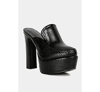 Bauhaus Womens Croc Pattern Heeled Platform Mules