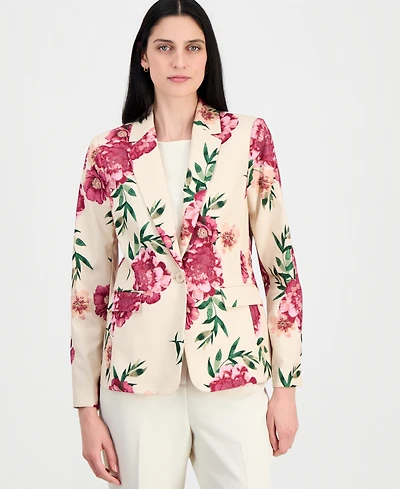 Tahari Asl Petite Printed Lapel Collar One-Button Jacket