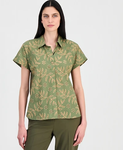 Tahari Asl Petite Collar Neck Short-Sleeve Cotton Top