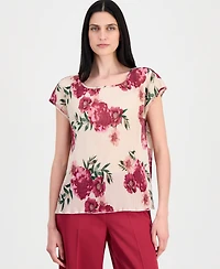 Tahari Asl Women's Pleated Floral Boat-Neck Top