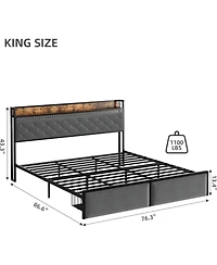 gaomon King Bed Frame with 2 Drawers and Charging Station, Upholstered Led Bed Frame with Storage Headboard, Noise-Free Design, No Box Spring Needed