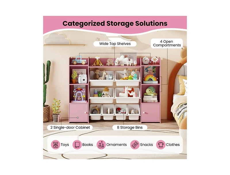 Slickblue Large Kids Storage Organizer with 8 Bins and Bookshelf