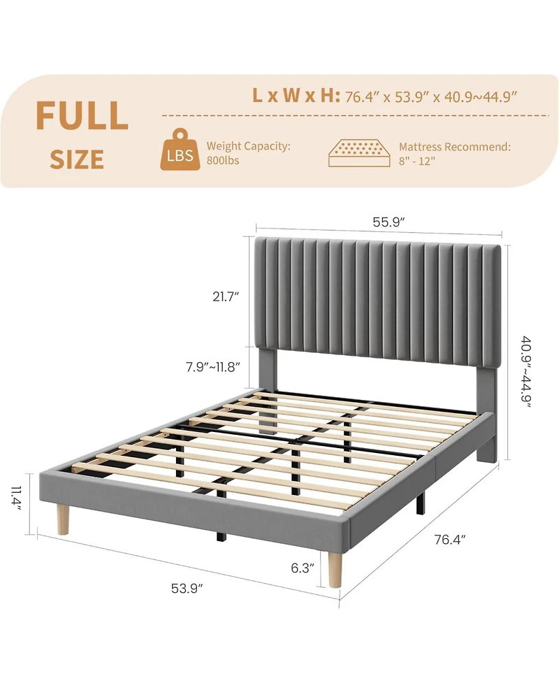 gaomon Bed Frame with Adjustable Headboard, Velvet Upholstered Platform Bed Frame, Vertical Channel Tufted