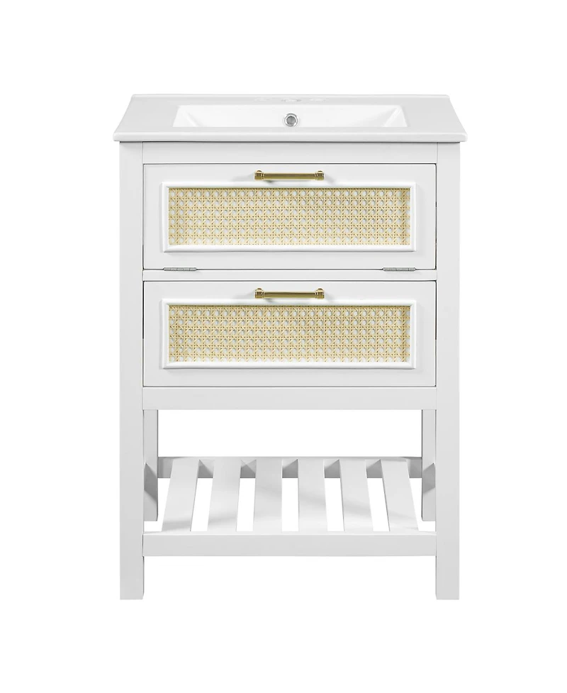 Sillysis 24 Inch Freestanding Bathroom Vanity with Ceramic Sink, Flip-Out Drawer & Modern Storage for Small Spaces