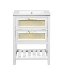 Sillysis 24 Inch Freestanding Bathroom Vanity with Ceramic Sink, Flip-Out Drawer & Modern Storage for Small Spaces