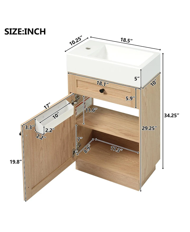Sillysis 18.5" Rustic Bathroom Vanity with Resin Sink, Soft Close Door & Adjustable Shelf for Small Spaces