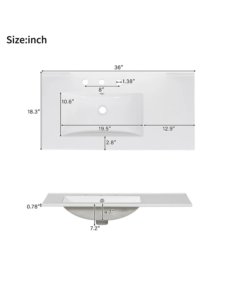 Sillysis 36" Transitional Bathroom Vanity with Ceramic Sink, Solid Wood & Mdf, 2 Soft-Close Doors, 3 Drawers, Adjustable Shelf for Storage