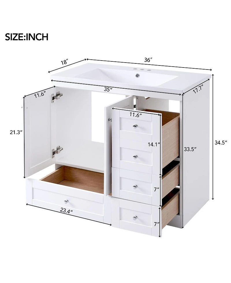Sillysis 36" Shaker Bathroom Vanity with Ceramic Sink, Freestanding Mdf Cabinet, Soft-Close Drawers & 2 Doors for Modern Storage