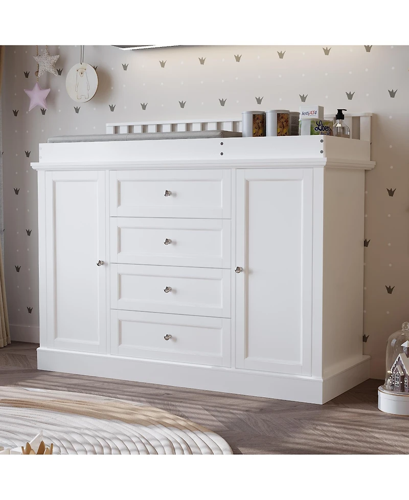 Homsee Changing Table Dresser with 4 Drawers and 2 Doors, Nursery Dresser Diaper Changing Station for Baby