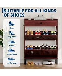 Homfan Shoe Storage Cabinet with 2 Flip Drawer, Shoes Organizer with with Top Drawer，Hollow Out Panel & Black Square Handles