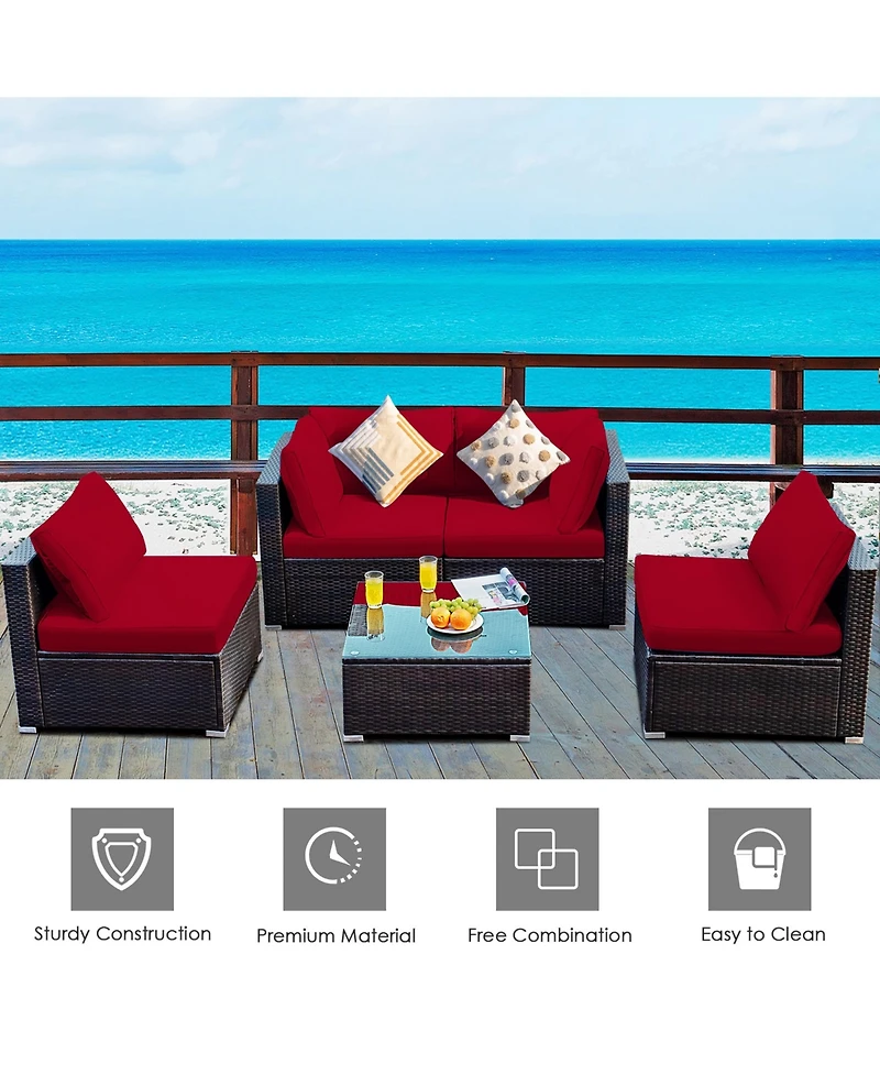 Gymax 5PCS Rattan Patio Conversation Set Sofa Furniture Set w/ Cushions