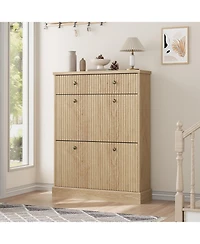 gaomon Fluted Shoe Cabinet with 2 Flip Drawers and 1 Top Drawer Narrow Wooden Cabinet with Adjustable Shelves Freestanding Shoe Organizer