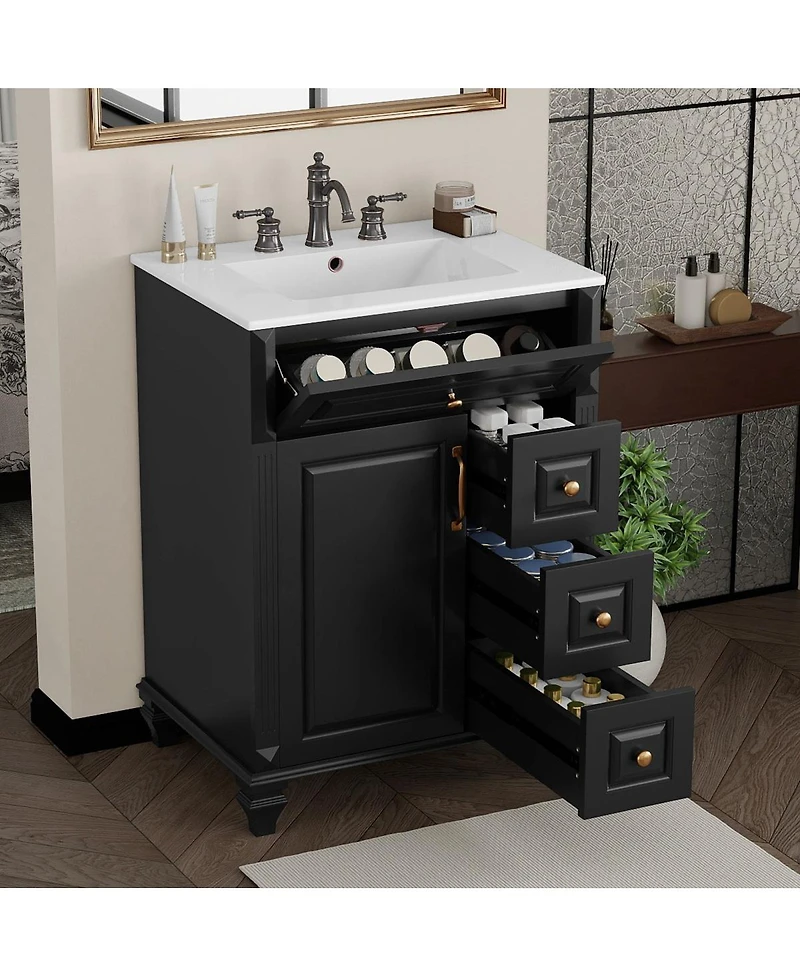 Sillysis 24 Inch Freestanding Bathroom Vanity with Ceramic Sink, Flip Drawer Storage and Adjustable Shelf for Small Spaces