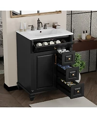 Sillysis 24 Inch Freestanding Bathroom Vanity with Ceramic Sink, Flip Drawer Storage and Adjustable Shelf for Small Spaces