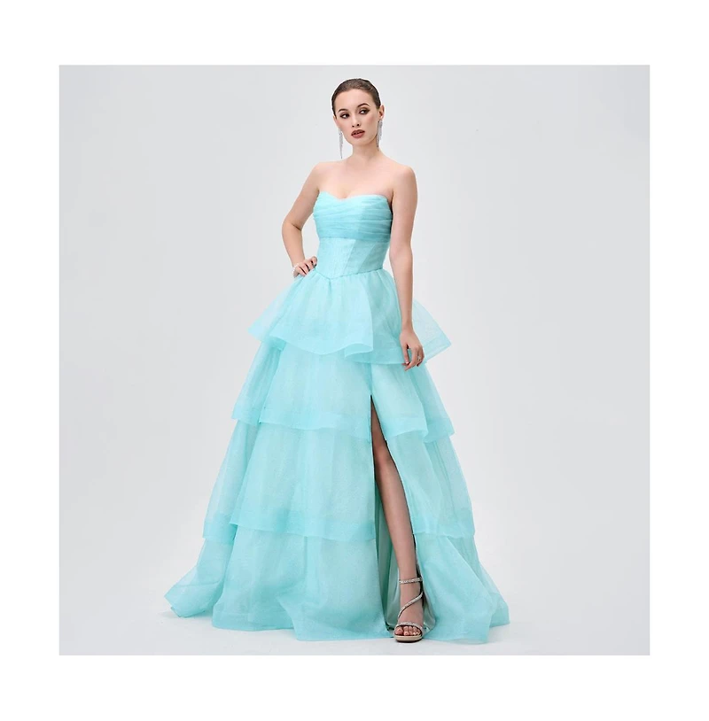 Bariano Women's Tiff Strapless Tiered Ball Gown
