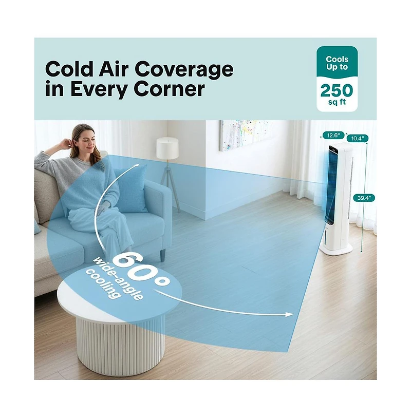 SereneLife Portable Evaporative Air Cooler Tower Fan Detachable Water Tank, 60° Oscillation, 3 Modes, 4 Ice Packs & Remote Control, White