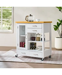Rainsken Kitchen Island Cart, Portable Bar Rolling Storage Cabinet on Wheels with Open Shelving, Drawers, and a Glass-Door for Kitchen