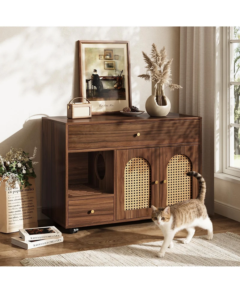 Tribesigns Cat Litter Box Enclosure - Stylish Cabinet on Wheels with Drawers for Easy Movement and Storage