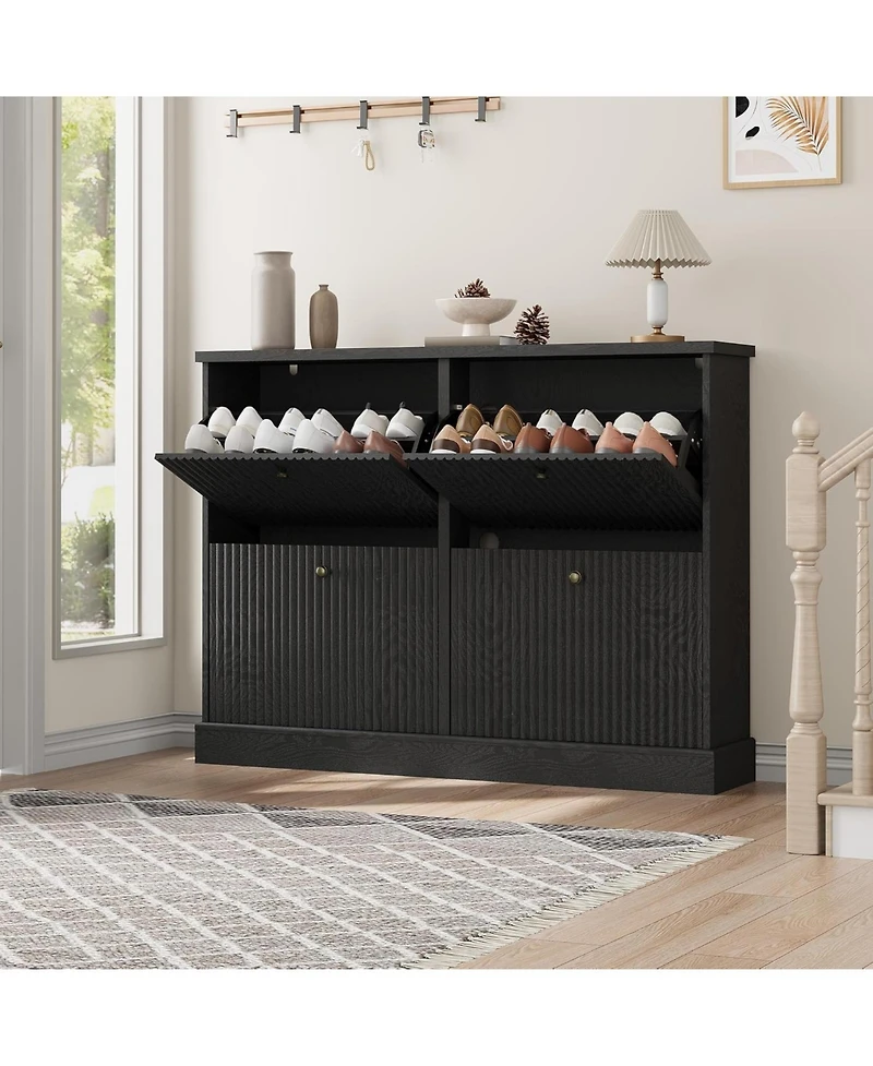 gaomon 4 Drawer Wood Fluted Flip Door Narrow Shoe Cabinet with Adjustable Shelves