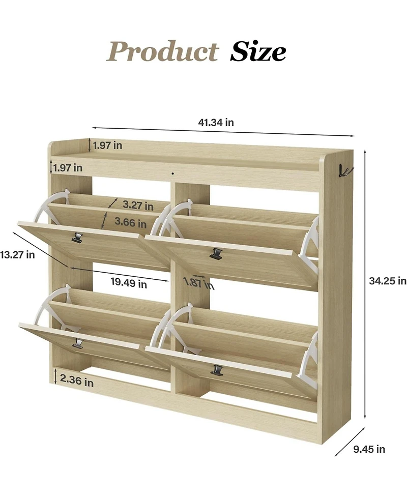 Homfan Large Shoe Storage Cabinet with 4 Flip Drawers, Freestanding Narrow Shoe Organizer with Hooks and Storage, Hidden Shoe Organizer