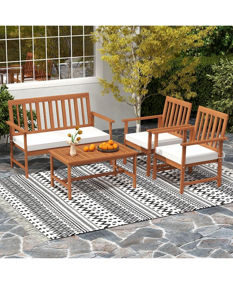 Gymax 4-Piece Acacia Wood Patio Conversation Set Outdoor Furniture Set w/ Armchairs