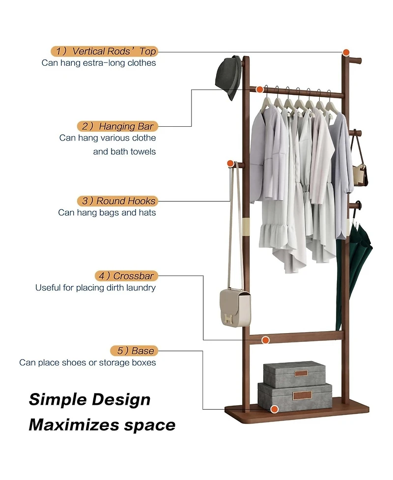 Rainsken Tree Stand Coat Rack, Freestanding Wood Clothes Rack with 2 Hanging Bars, 5 Hooks and Shoe Storage for Entryway, Living Room