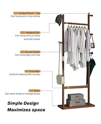 Rainsken Tree Stand Coat Rack, Freestanding Wood Clothes Rack with 2 Hanging Bars, 5 Hooks and Shoe Storage for Entryway, Living Room