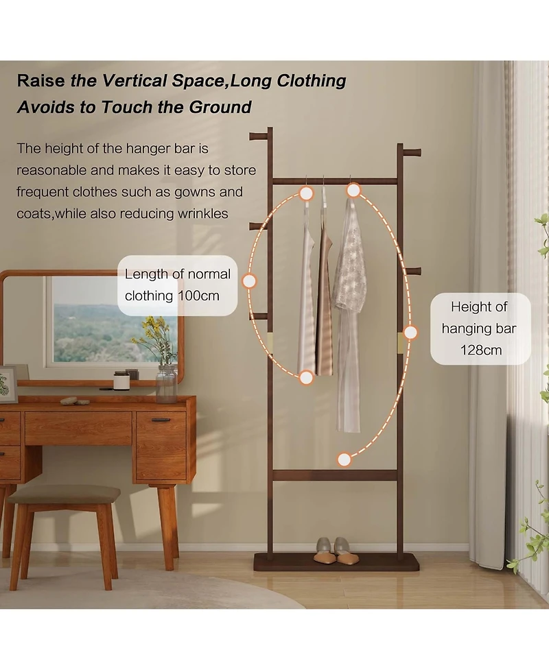 Rainsken Tree Stand Coat Rack, Freestanding Wood Clothes Rack with 2 Hanging Bars, 5 Hooks and Shoe Storage for Entryway, Living Room