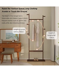 Rainsken Tree Stand Coat Rack, Freestanding Wood Clothes Rack with 2 Hanging Bars, 5 Hooks and Shoe Storage for Entryway, Living Room