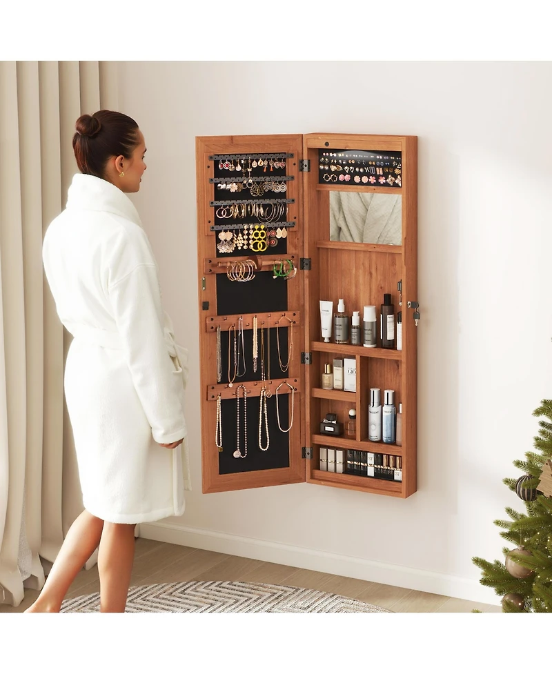 Rainsken Mirror Jewelry Cabinet with Led Lights, Lockable Wall/Door Mounted Jewelry Armoire Organizer for Bedroom