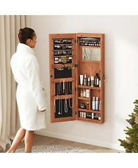 Rainsken Mirror Jewelry Cabinet with Led Lights, Lockable Wall/Door Mounted Jewelry Armoire Organizer for Bedroom