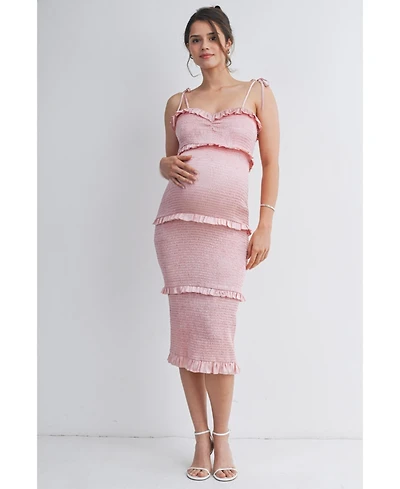 Hello Miz Maternity Smocked Bodycon Midi Dress with Ruffle Trim and Tie Straps