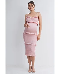 Hello Miz Women's Maternity Smocked Bodycon Midi Dress with Ruffle Trim and Tie Straps