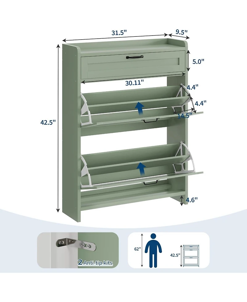 gaomon Shoe Cabinet with 2 Flip Drawers and 1 Top Drawer High-Gloss Painted Wood Shoe Organizer with Adjustable Shelves