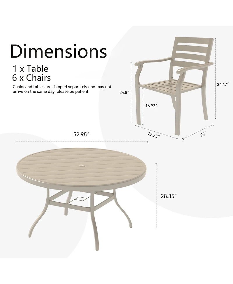 Mondawe 7-Piece Outdoor Dining Set, 6 Stackable Metal Chairs with 1 Round Slatted Table, Sandstone Color, All-Weather Patio Set