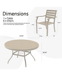 Mondawe 7-Piece Outdoor Dining Set, 6 Stackable Metal Chairs with 1 Round Slatted Table, Sandstone Color, All-Weather Patio Set