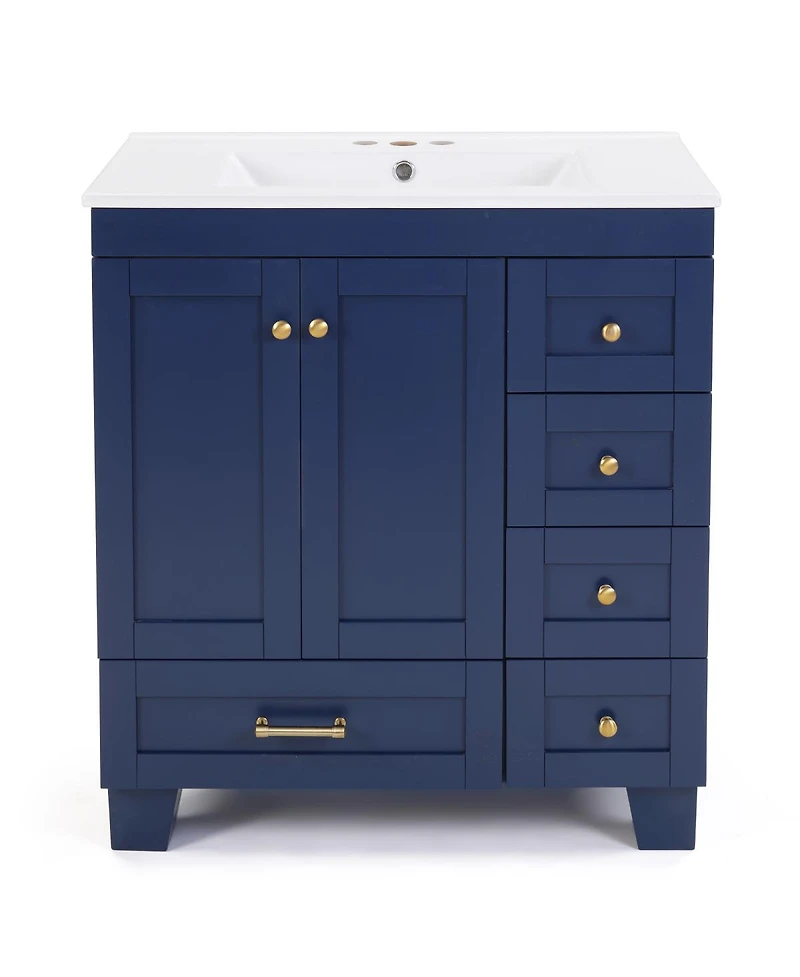 Sillysis 30" Blue Bathroom Vanity with Ceramic Sink, Solid Wood Frame, Pull-Out Drawers, Adjustable Storage, Soft Close Slides