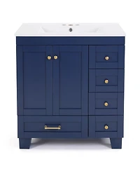 Sillysis 30" Blue Bathroom Vanity with Ceramic Sink, Solid Wood Frame, Pull-Out Drawers, Adjustable Storage, Soft Close Slides