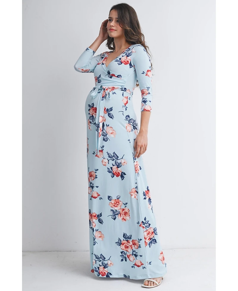 Hello Miz Maternity Floral Nursing Wrap 3/4 Sleeve V-Neck Maxi Dress