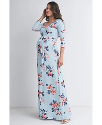 Hello Miz Maternity Floral Nursing Wrap 3/4 Sleeve V-Neck Maxi Dress