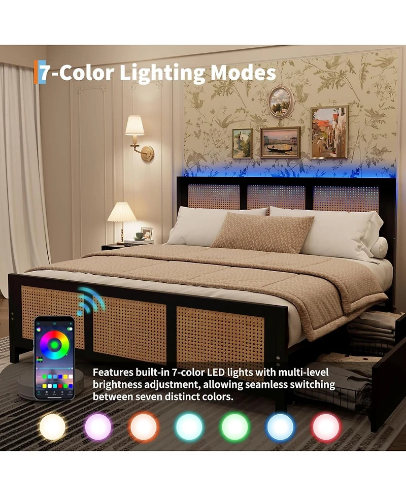 gaomon Rattan Accent Storage Bed with Led Lights-4 Drawers-Woven Front-mdf Wood Frame
