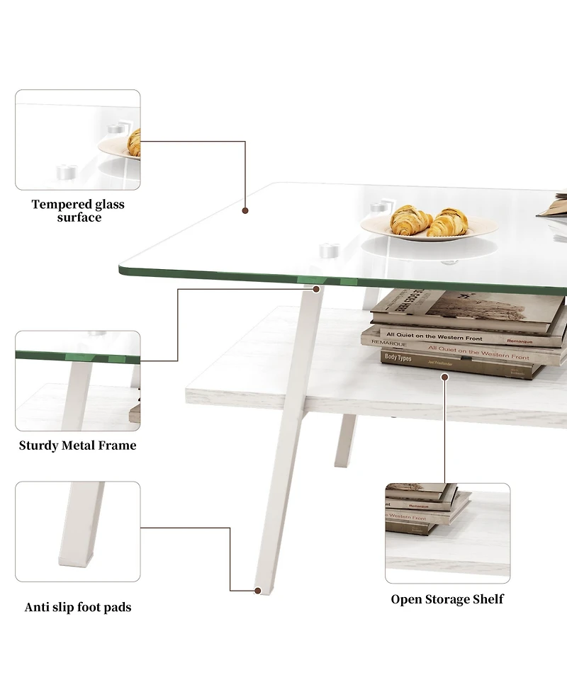 Rainsken Rectangle Coffee Table, 2 Tier Center Table with Clear Tempered Glass Top and Metal Legs for Living Room