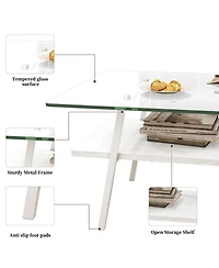 Rainsken Rectangle Coffee Table, 2 Tier Center Table with Clear Tempered Glass Top and Metal Legs for Living Room