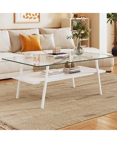 Rainsken Rectangle Coffee Table, 2 Tier Center Table with Clear Tempered Glass Top and Metal Legs for Living Room