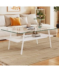 Rainsken Rectangle Coffee Table, 2 Tier Center Table with Clear Tempered Glass Top and Metal Legs for Living Room