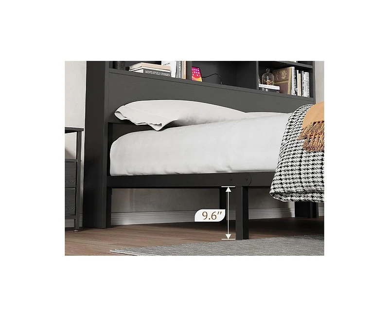 gaomon Bed Frame with Bookcase Headboard, Tall Wooden Bed Headboard Frame with Type-c & Usb Charging Station