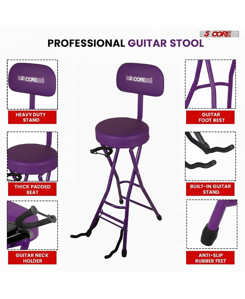 5Core Guitar Stool 3.15" Padded Chair w Backrest Foldable Music Seat Built in Foot Rest Guitar Stand