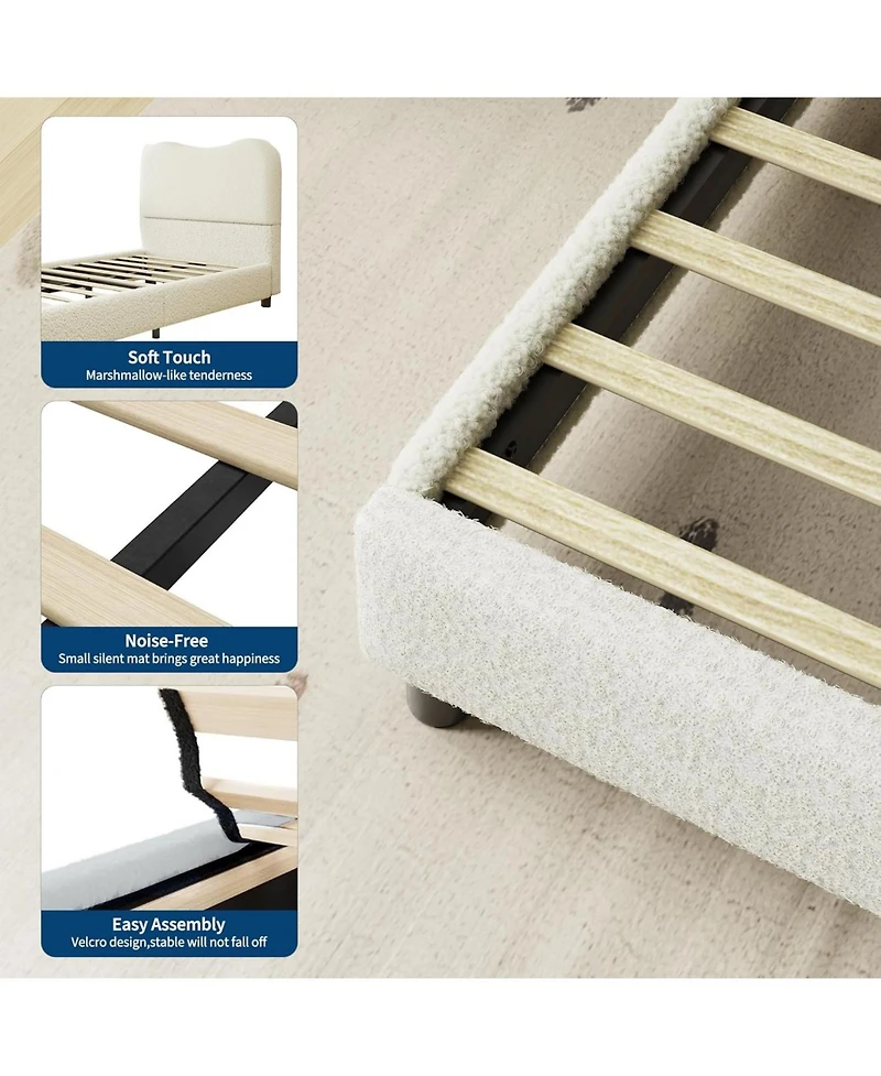 gaomon Queen Kids Bed Frame Velvet Upholstered Headboard Low Profile Platform Wood Slats Noise Free No Box Spring